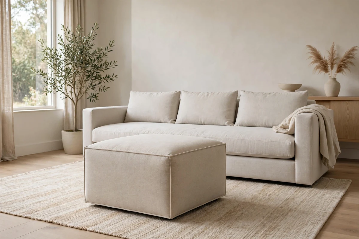 Upholstered storage ottoman serving as footrest in a minimalist room