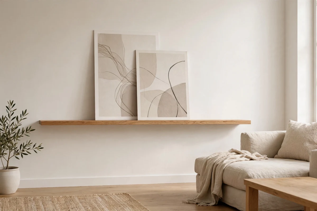 Oak picture ledge with leaning art prints in a minimalist room