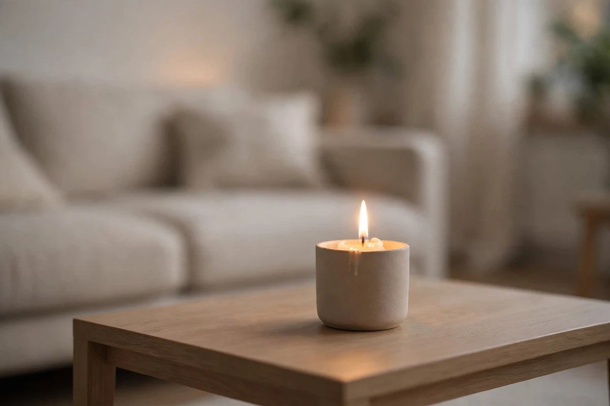 Single elegant candle creating atmosphere on a minimalist coffee table