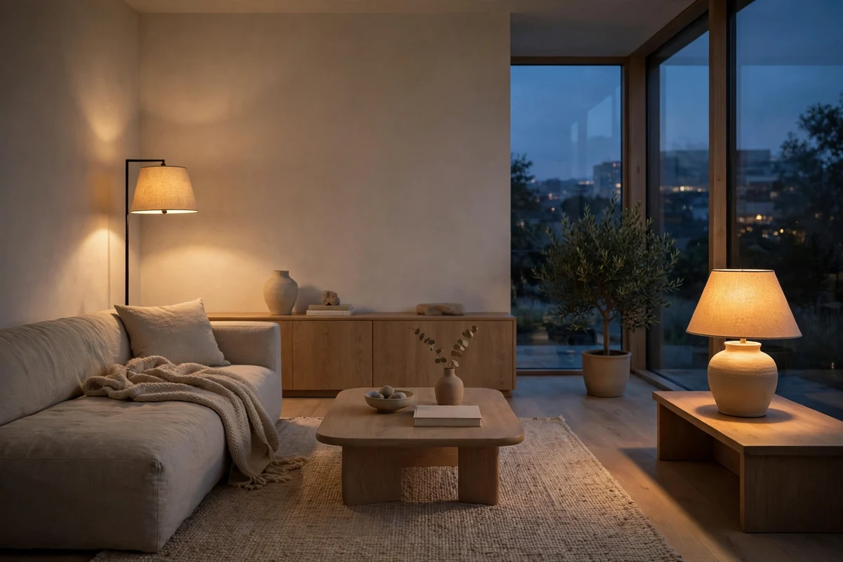 Minimalist living room glowing with warm layered evening lighting