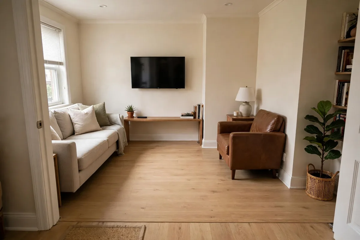 Apartment living room with sofa floated off the wall creating better flow instead of pushed against walls