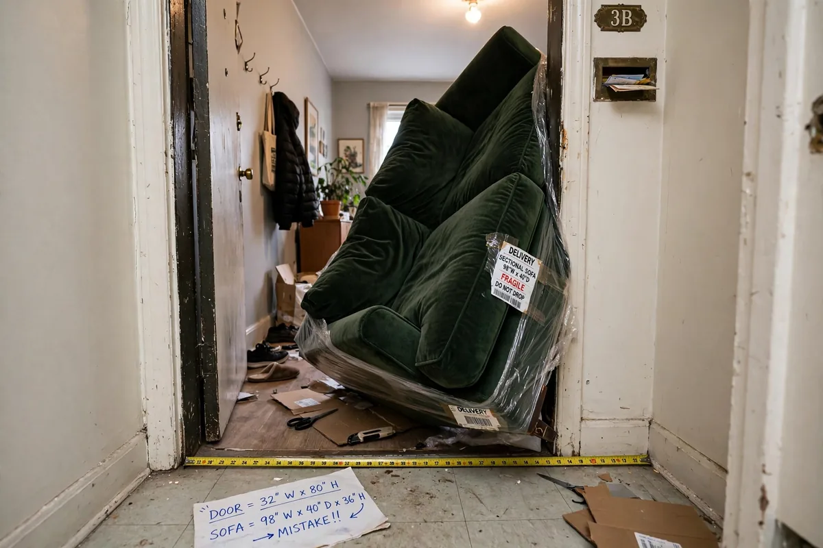 Painter's tape outlining sofa dimensions on an apartment living room floor before buying furniture