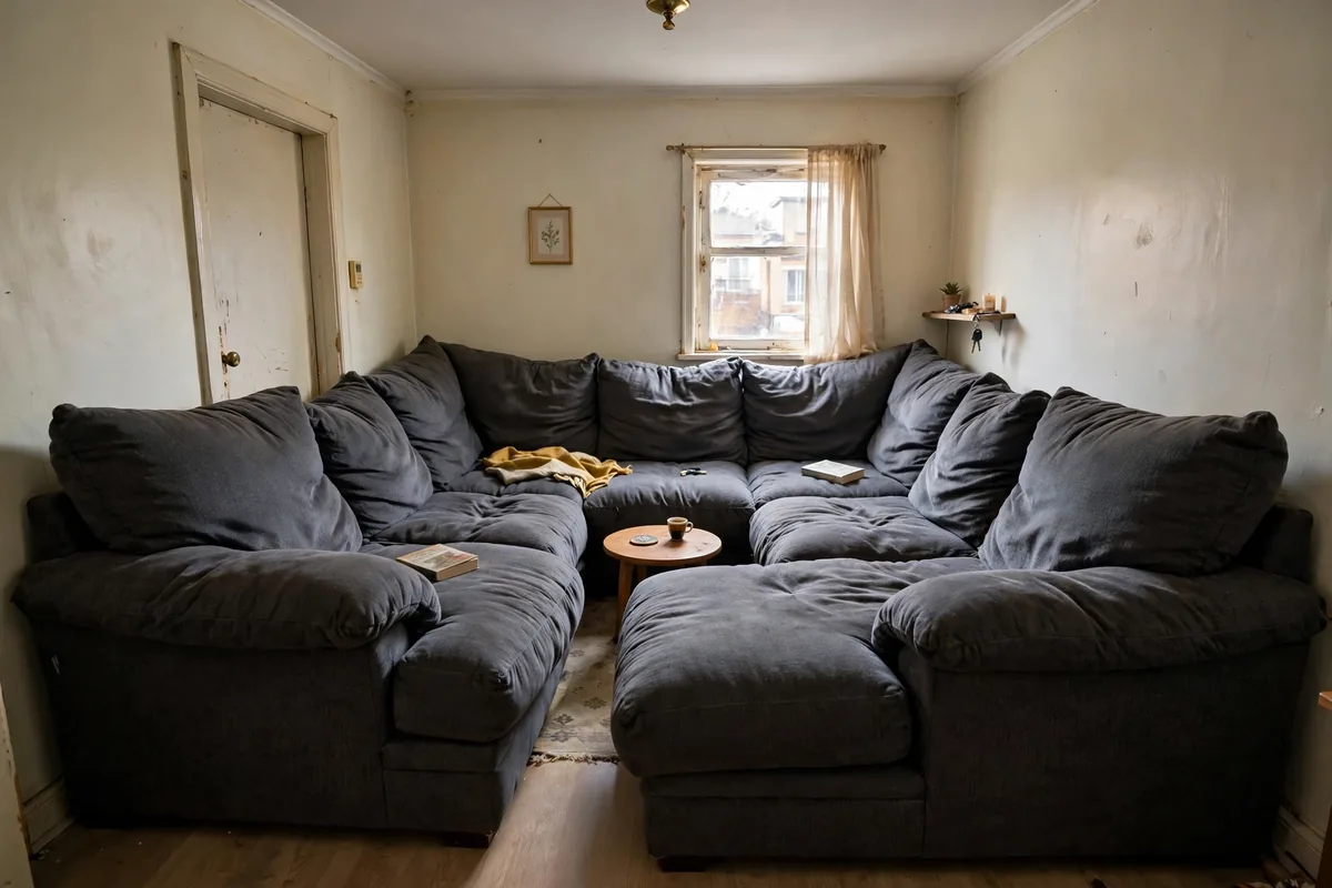 Oversized sectional sofa crammed into a small apartment living room with no walking space