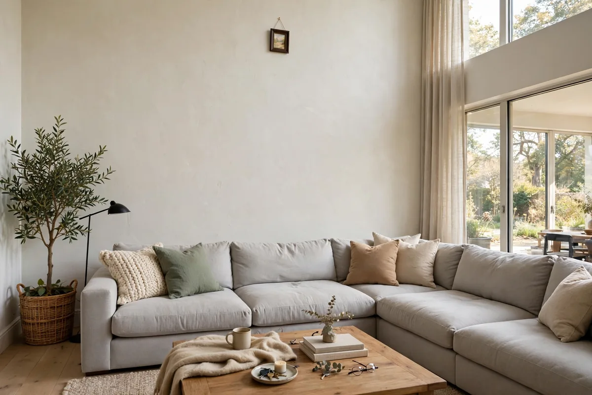 Tiny framed picture lost above a large sofa showing wrong art scale in apartment decor