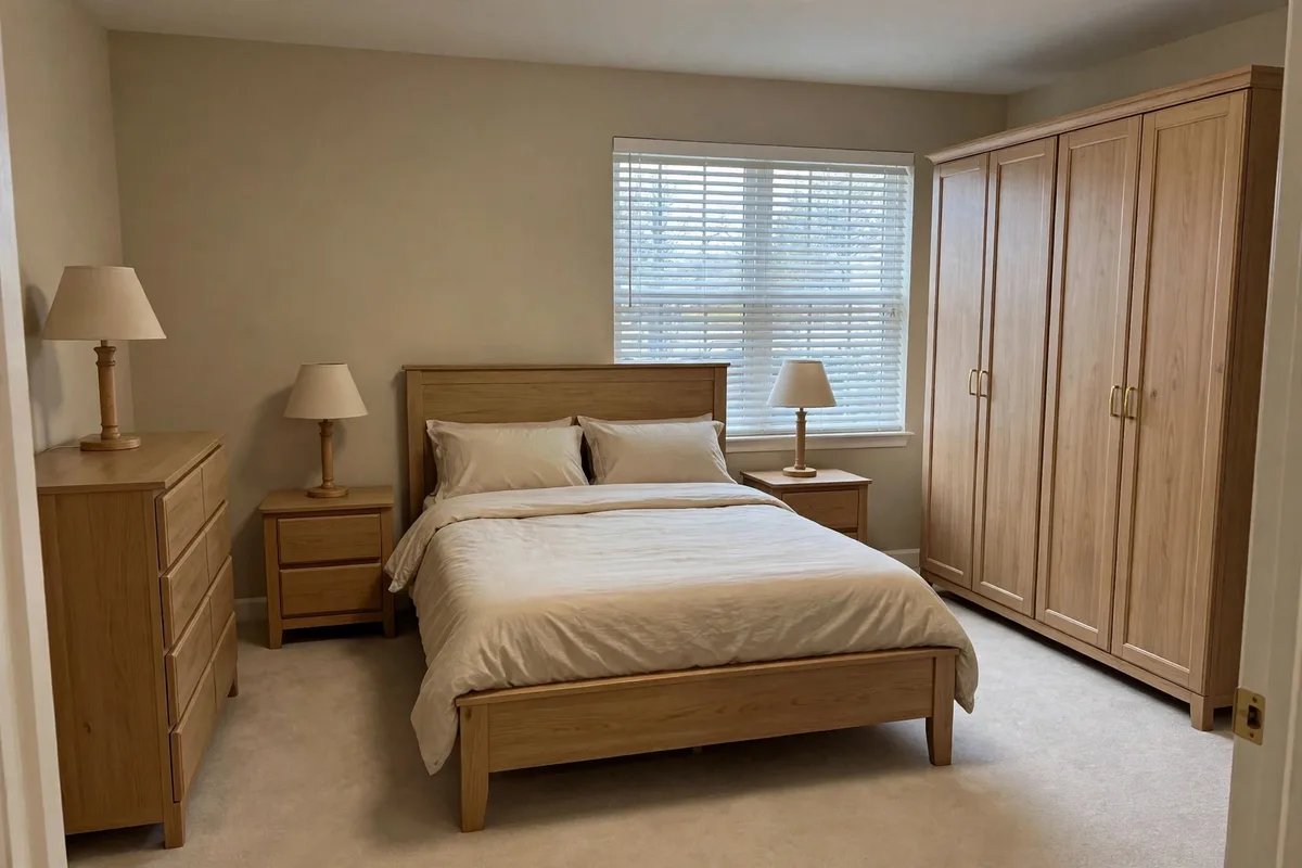 Matchy-matchy furniture set making an apartment bedroom look like a showroom display