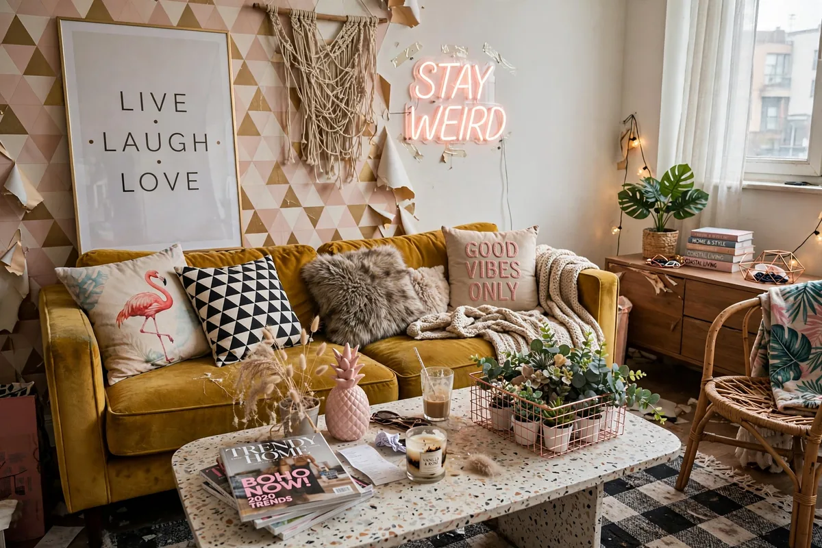 Trendy accent chair overshadowing worn-out sofa showing smart furniture budget priorities