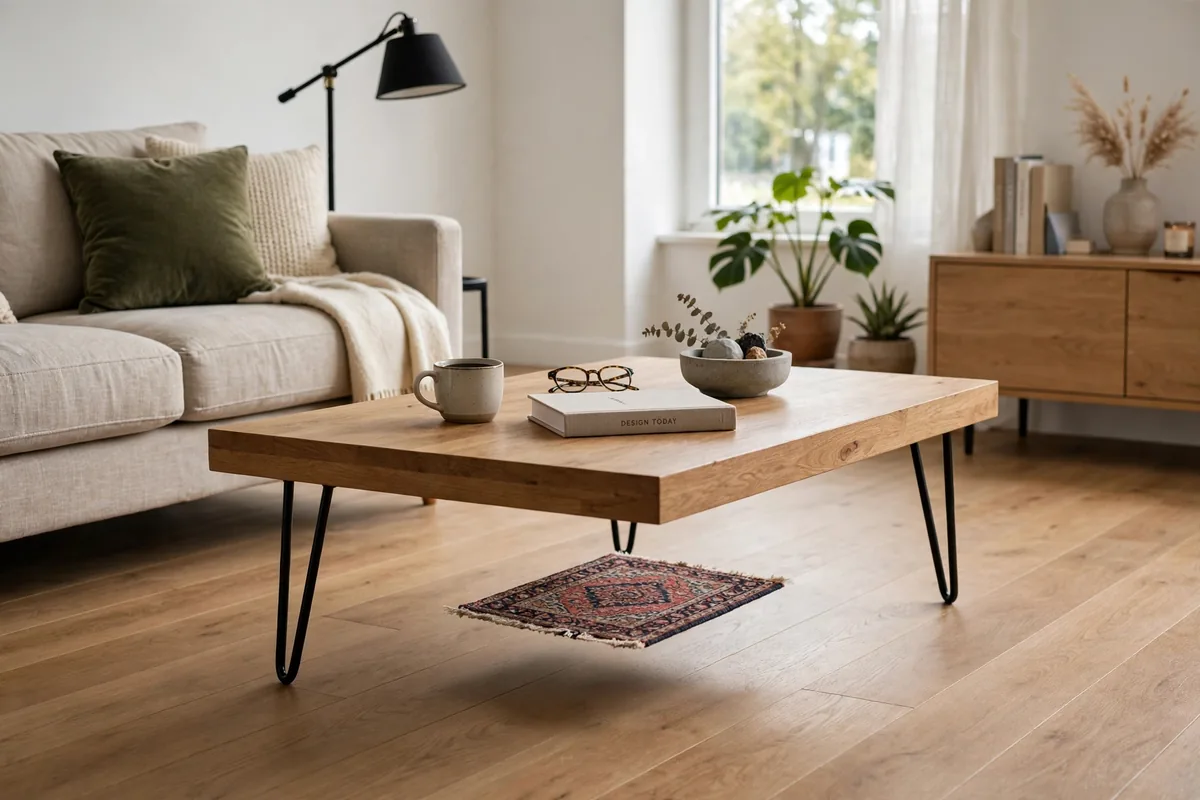 Too-small area rug floating under coffee table making apartment living room look disconnected