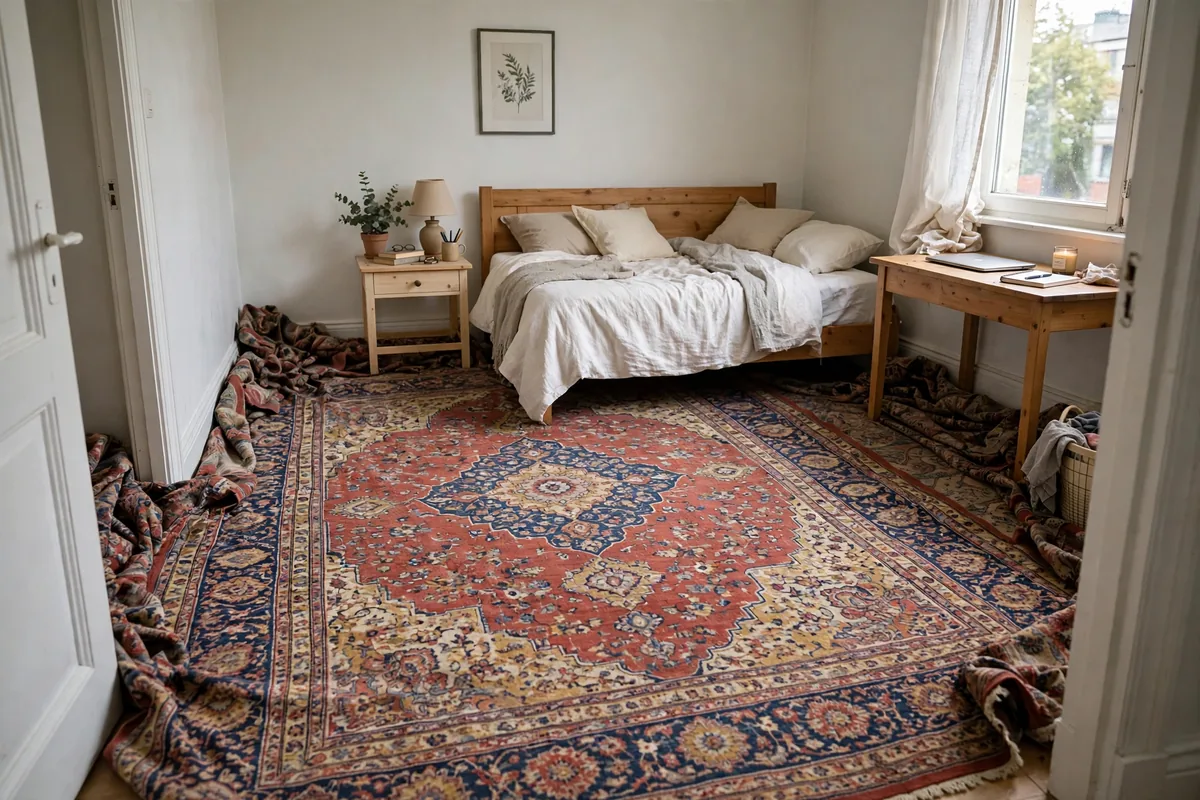 Oversized rug covering nearly all apartment floor with no visible border looking like wall-to-wall carpet