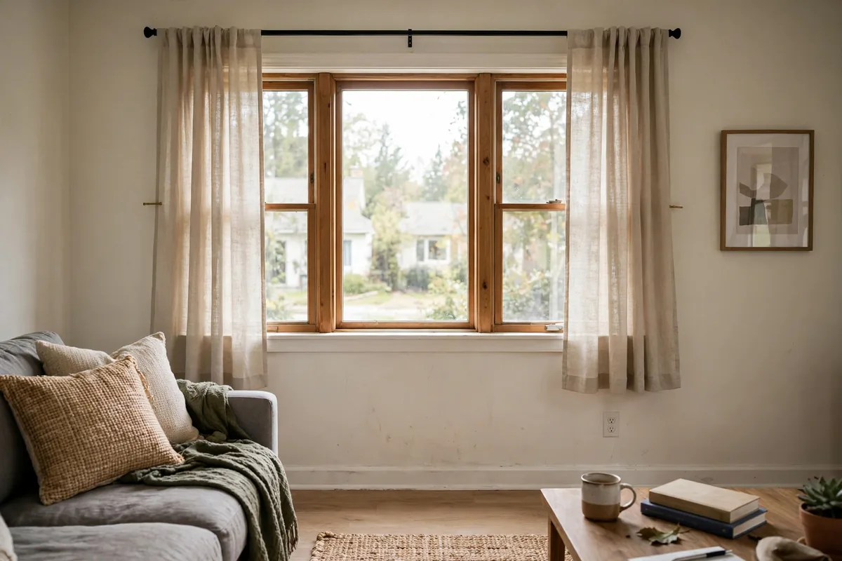 Too-short curtains ending at windowsill making apartment windows look stubby and ceilings low