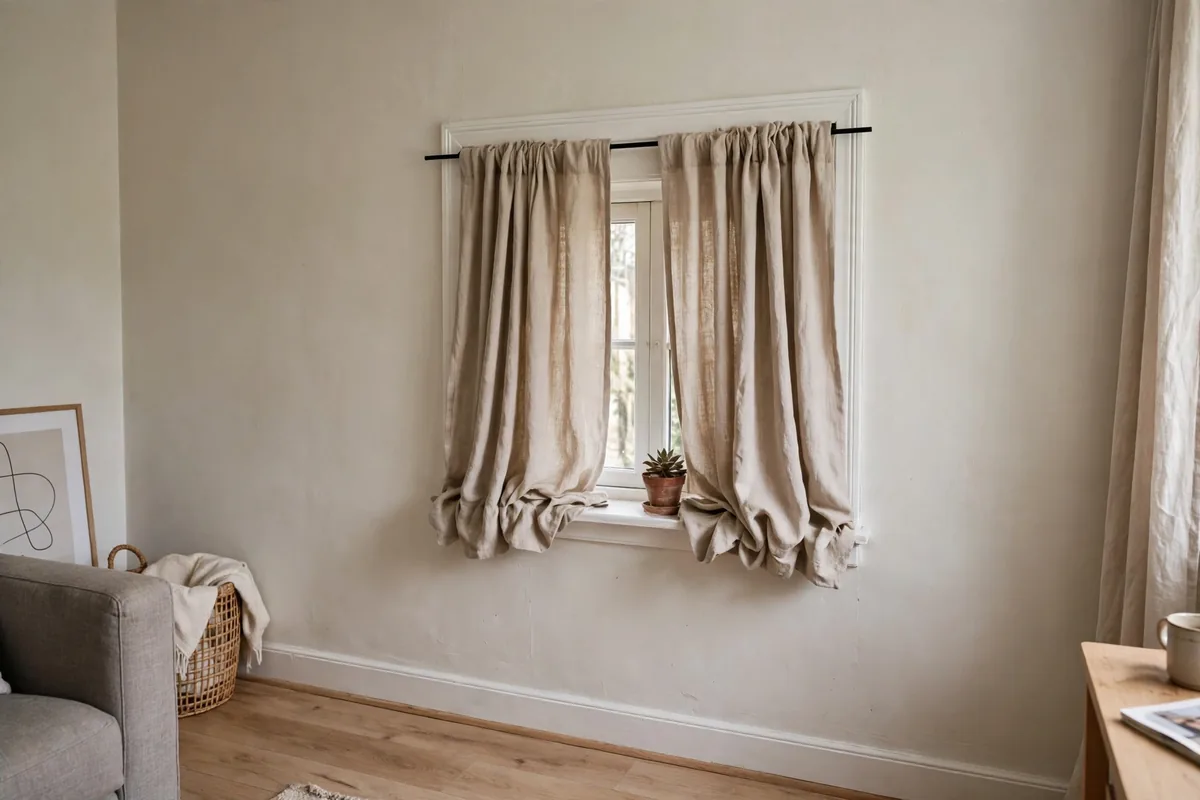 Curtain rod extended beyond window frame letting full light into apartment living room