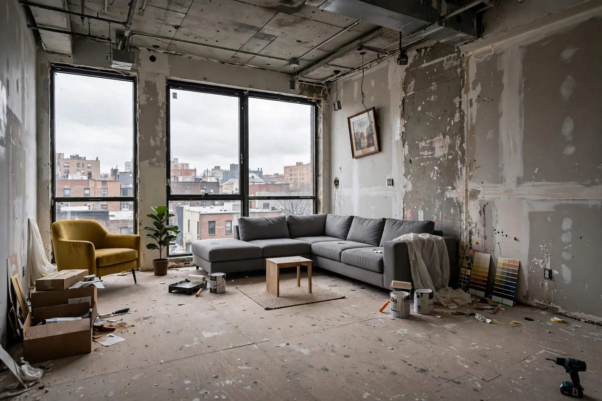 Bare apartment windows at night looking exposed and unfinished without curtains