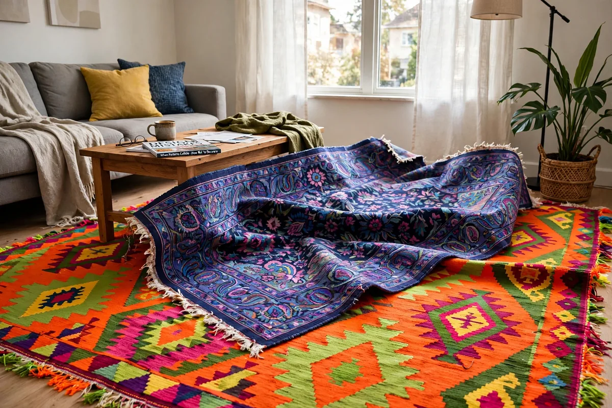 Two clashing patterned rugs layered in apartment living room creating visual chaos