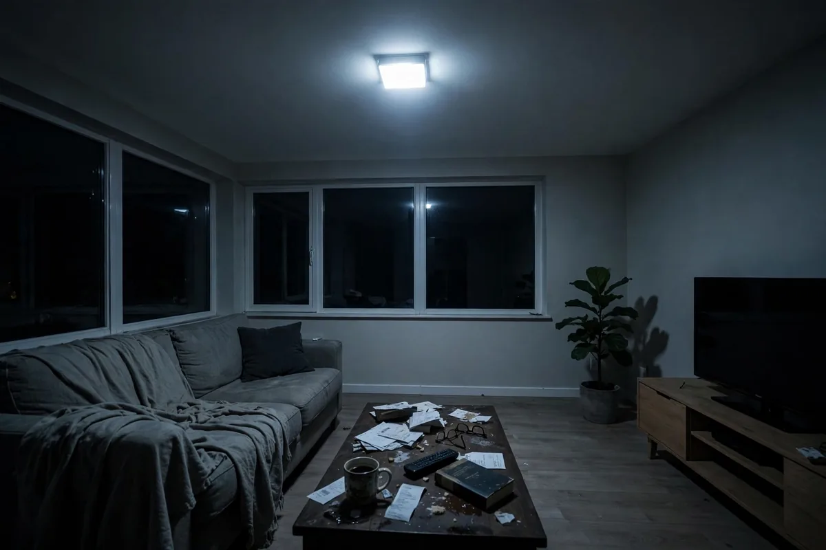 Harsh single overhead ceiling light flattening an apartment living room with no lamps