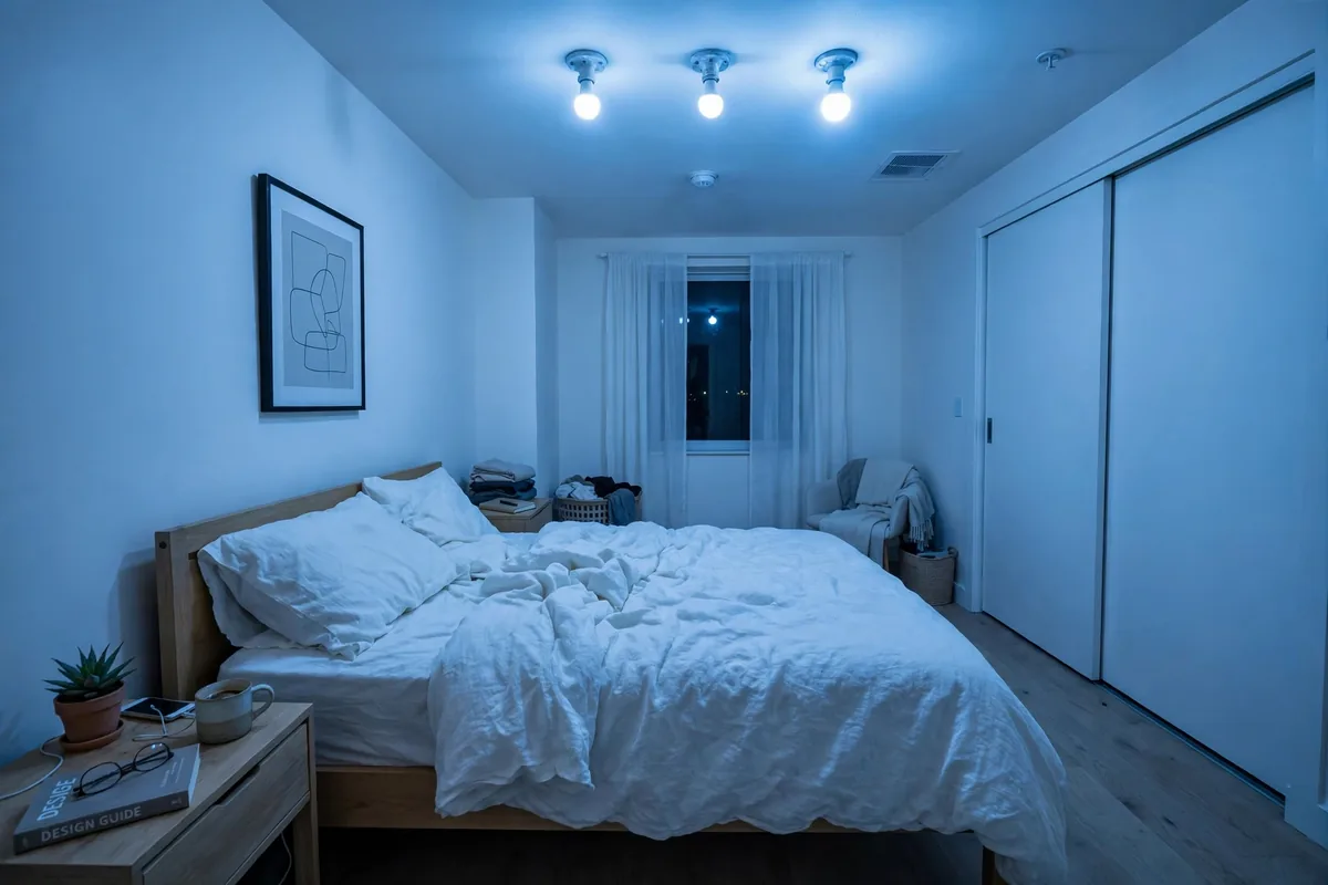Cold blue-white light bulbs making apartment living room feel sterile versus warm lighting