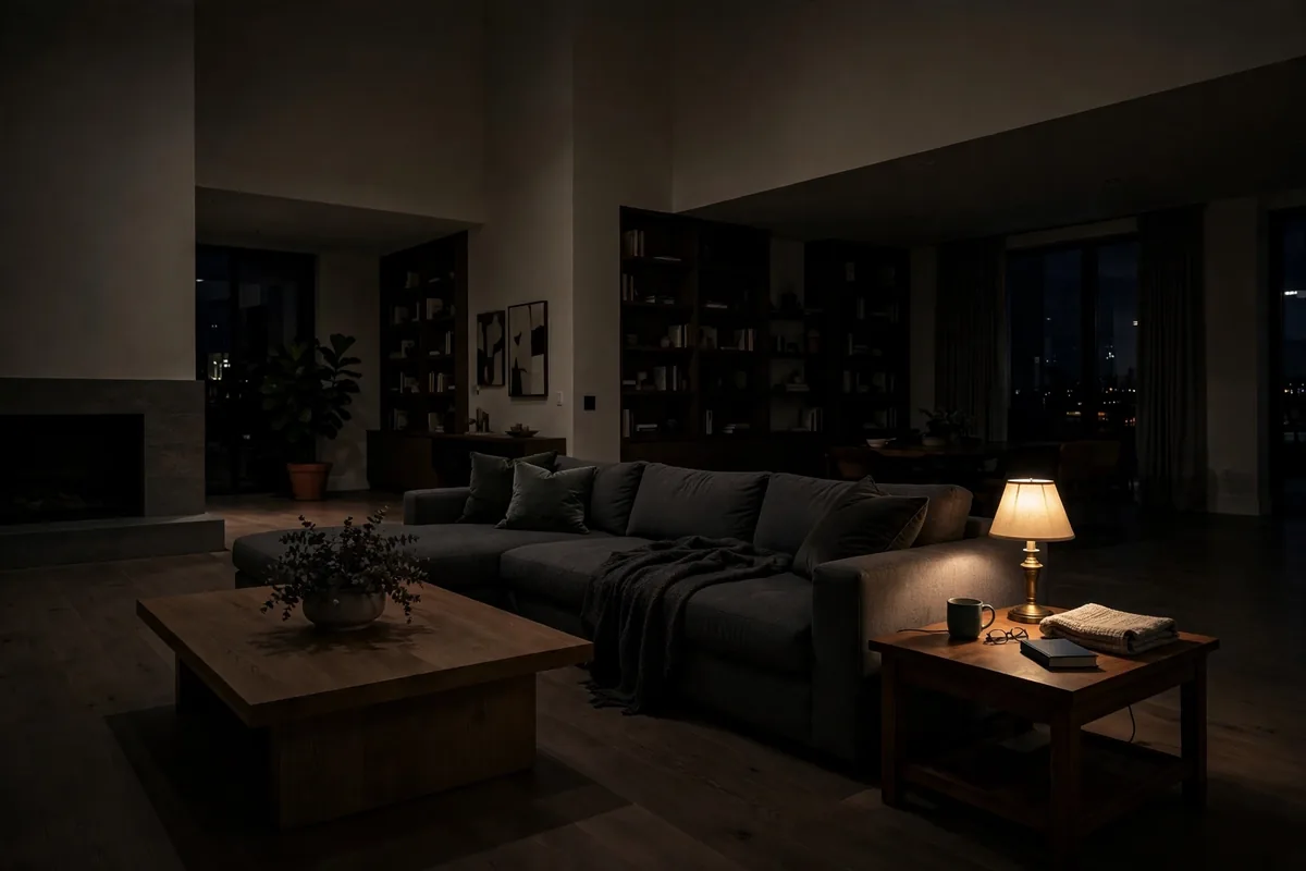 Single small lamp in corner leaving most of apartment living room in dark shadows