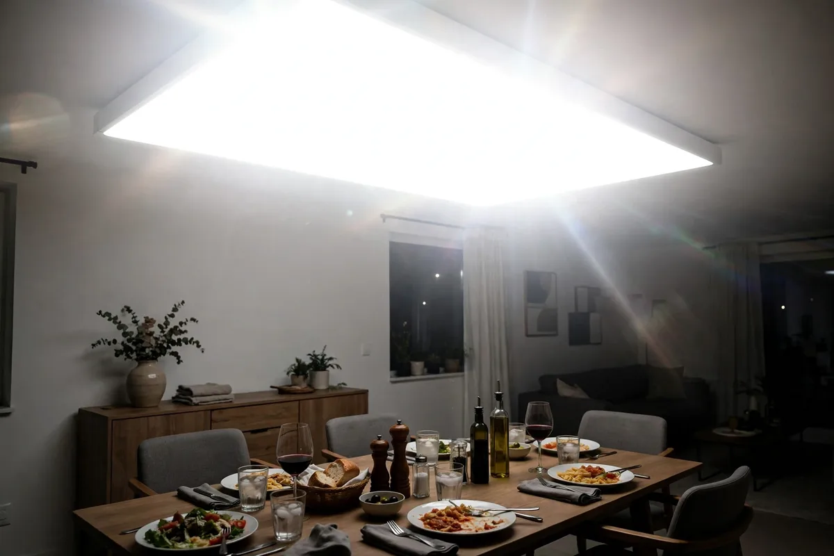 Bright glaring lamps with no dimming option ruining cozy movie night mood in apartment
