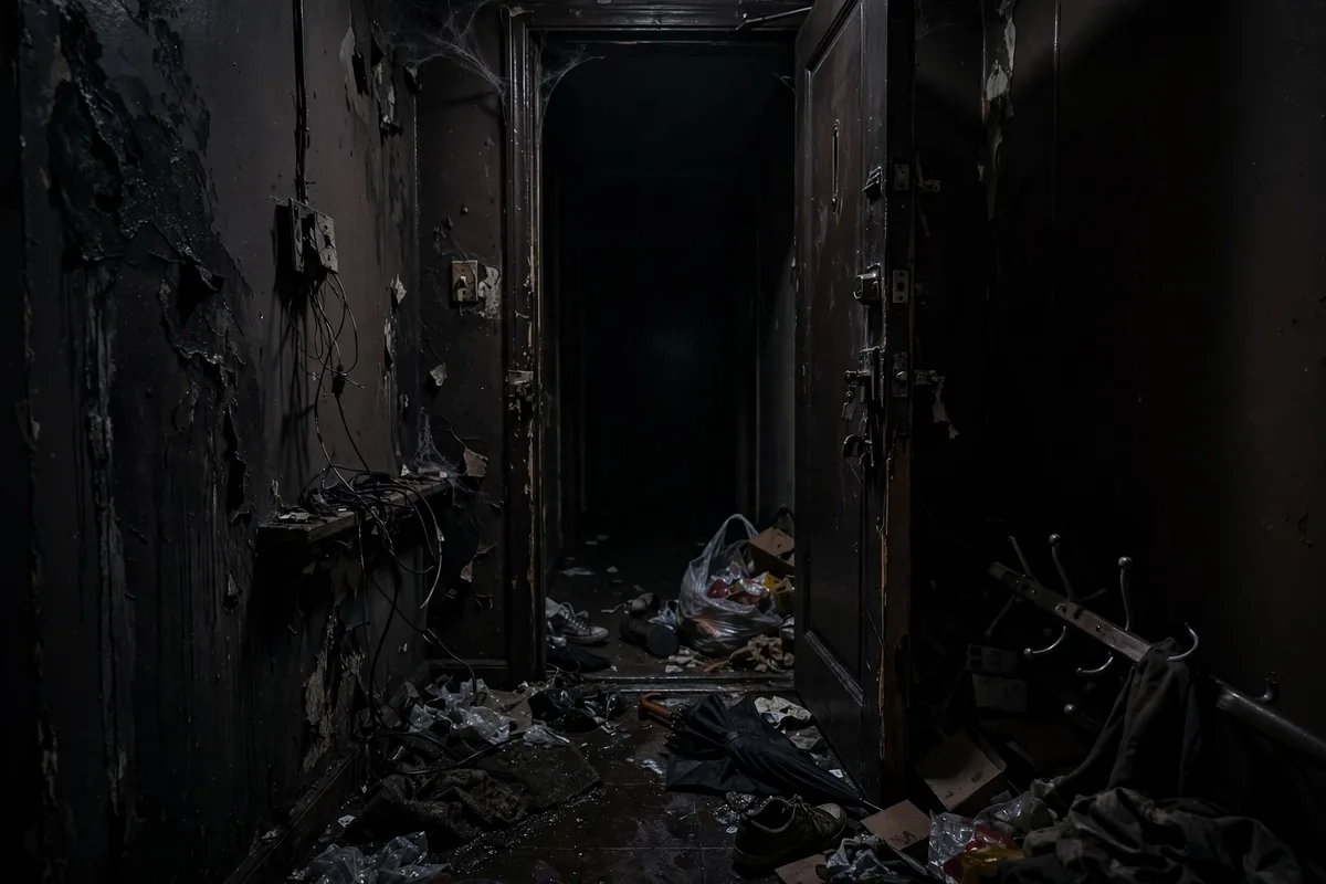 Dark unwelcoming apartment entryway with no lighting versus warm lit entrance