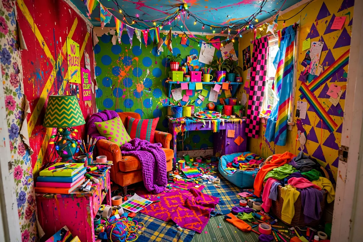 Apartment living room with too many competing bright colors clashing and looking chaotic