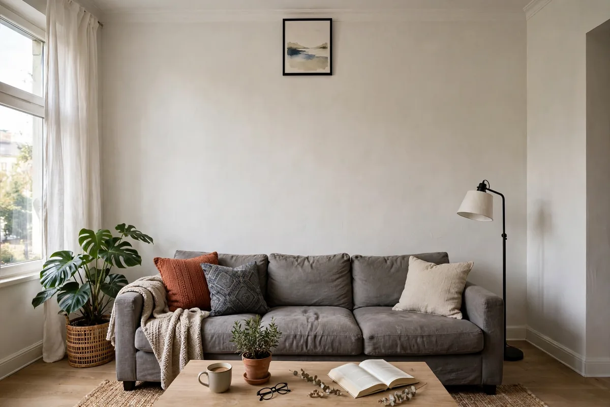 Picture frames hung too high near ceiling disconnected from sofa below in apartment