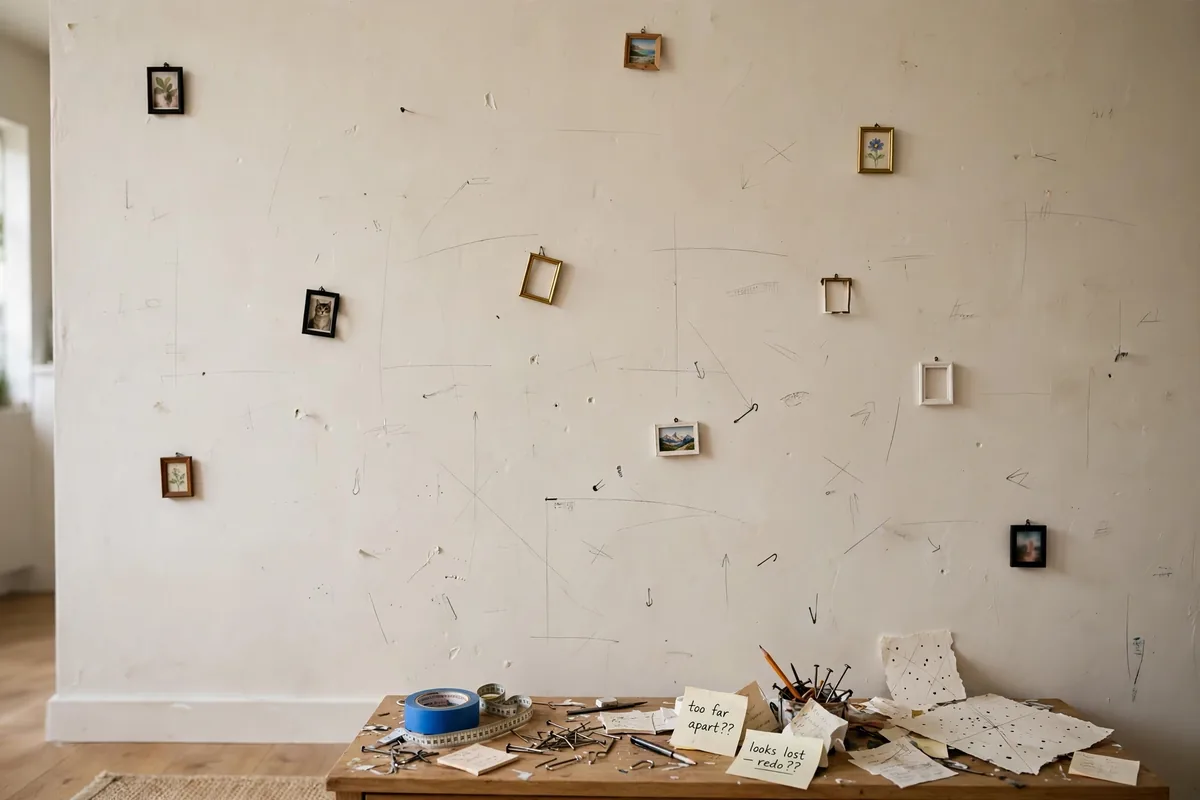 Small scattered picture frames dotted randomly around apartment walls looking like confetti