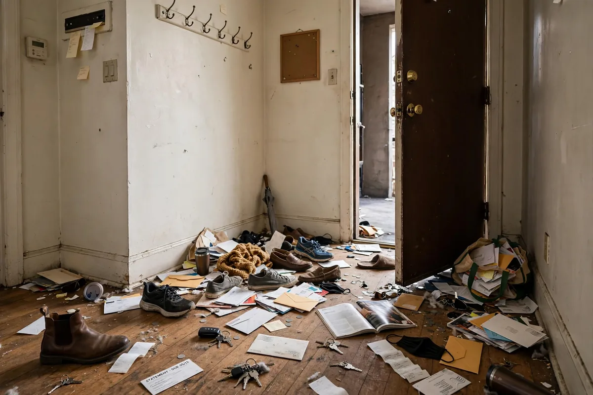 Cluttered apartment entryway with shoes bags and keys scattered with no organized drop zone