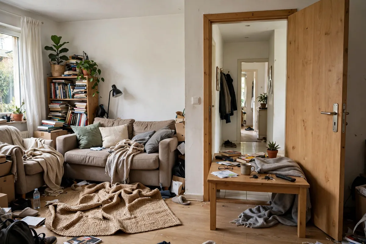 Apartment furniture blocking walkway forcing awkward sidestep around coffee table