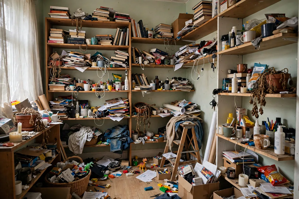 Overwhelming open shelving with cluttered items creating visual noise in apartment