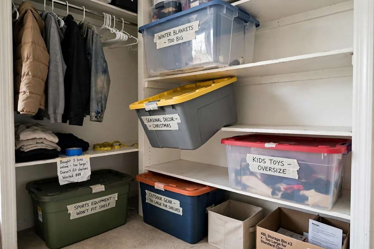 Decorative baskets too small for blankets showing storage that doesn't fit actual belongings