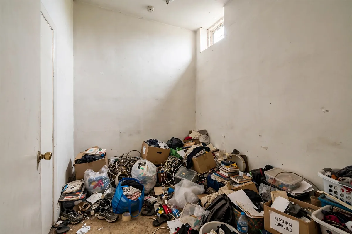 Empty wall space above furniture in small apartment showing wasted vertical storage potential