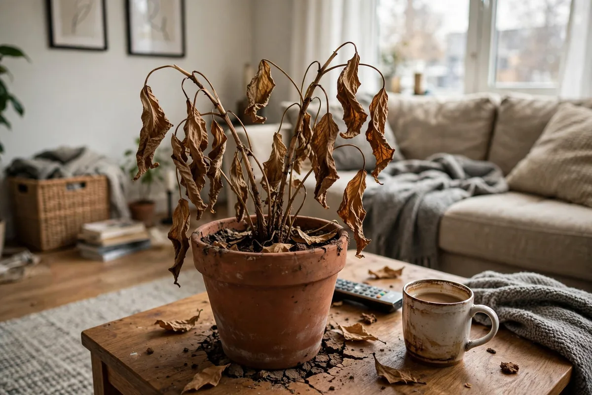 Dead brown crispy houseplant in apartment corner making room feel neglected