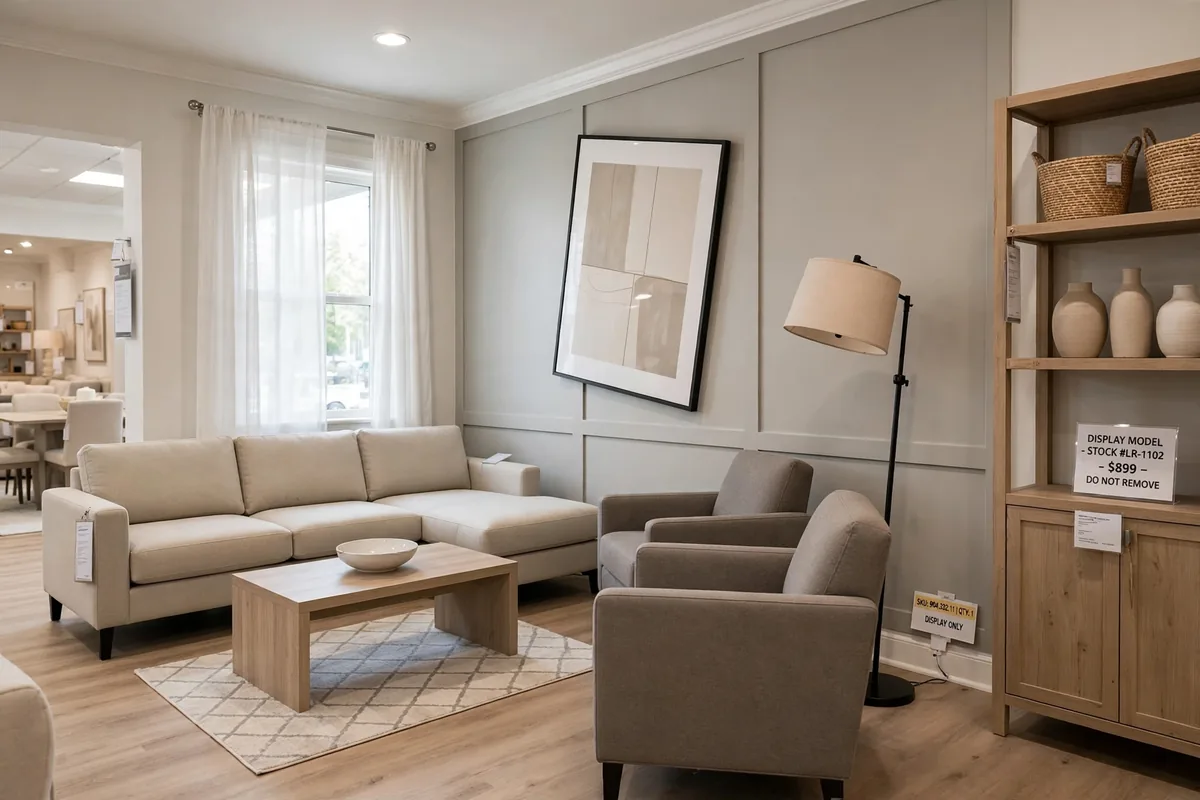 Apartment living room copied exactly from catalog looking impersonal like nobody lives there