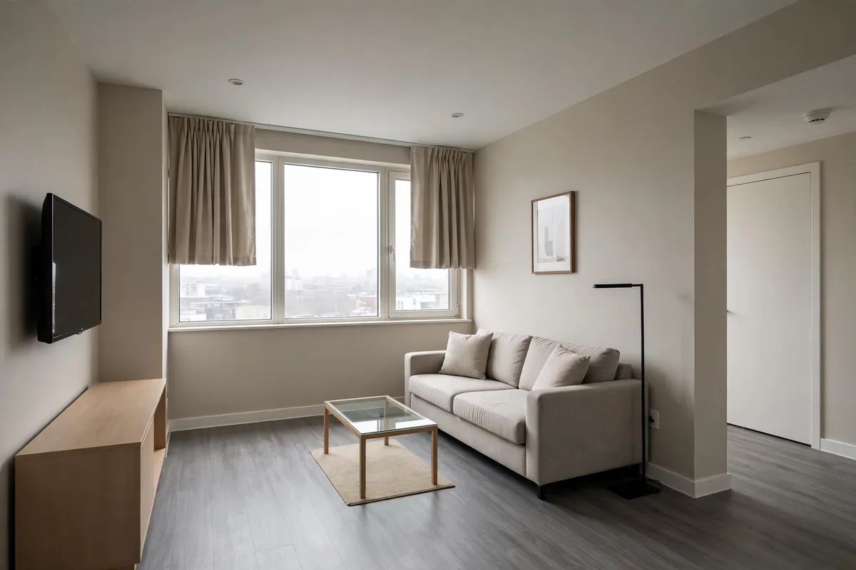 Technically perfect apartment room with no personal photos or meaningful objects feeling cold
