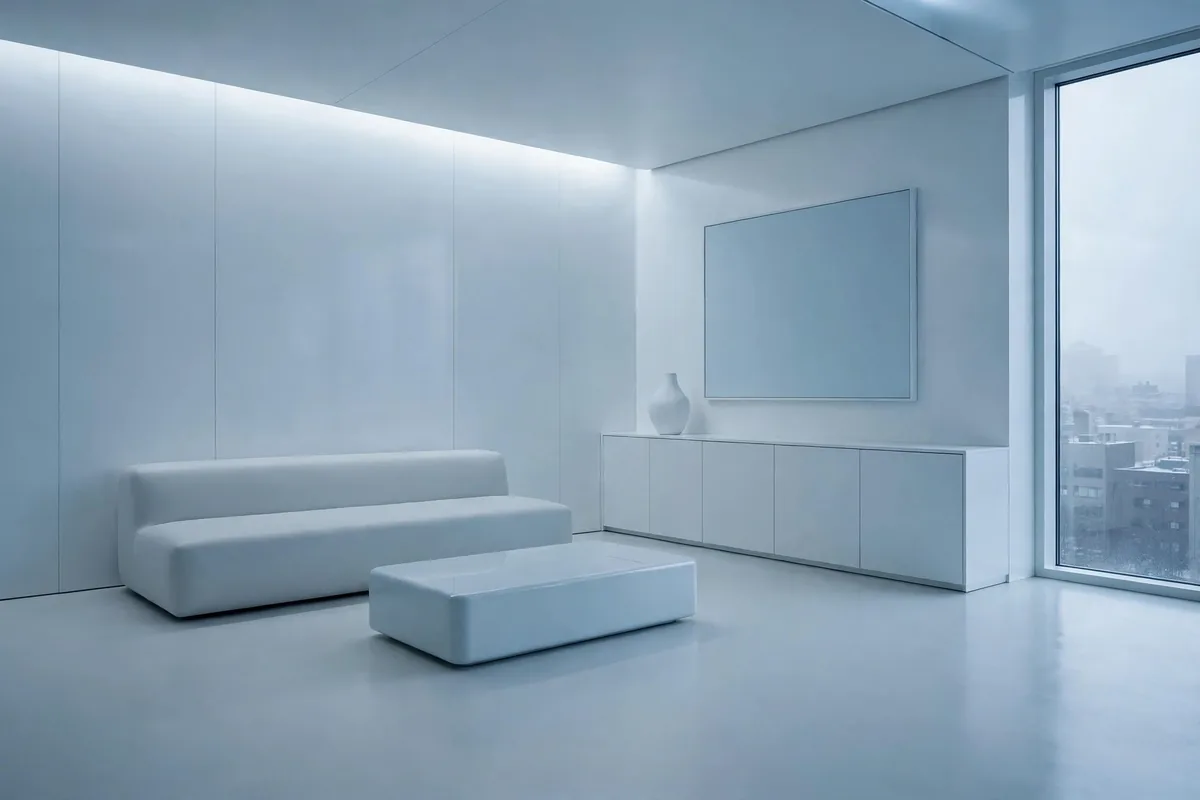 Apartment room with all smooth flat surfaces feeling cold with no cozy textiles or texture