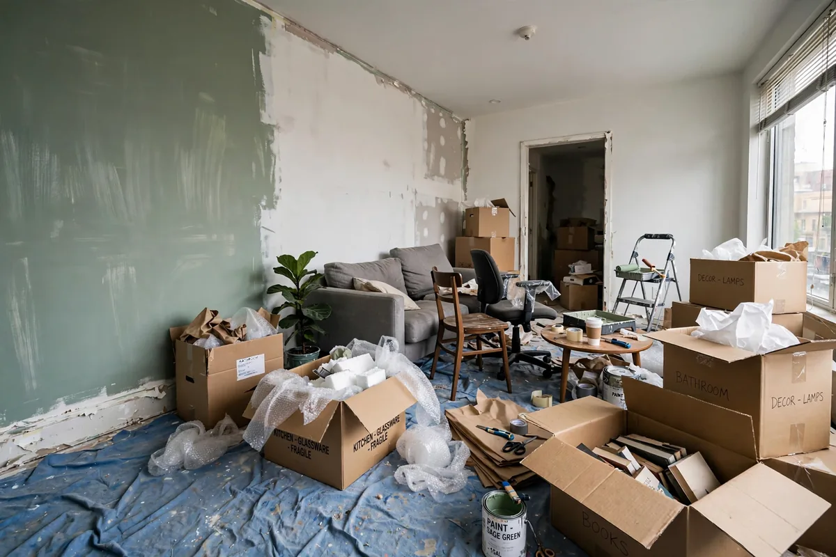 Hastily decorated apartment room with mismatched impulse purchases bought all at once