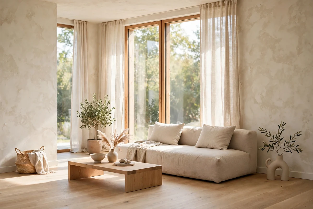 Modern living room with warm white textured walls and natural light