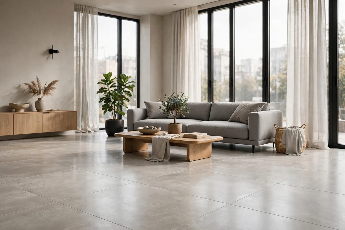 Modern living room with polished concrete-look large format tile floors