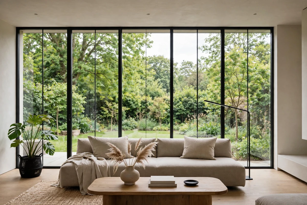 Modern living room with floor-to-ceiling windows and black frames