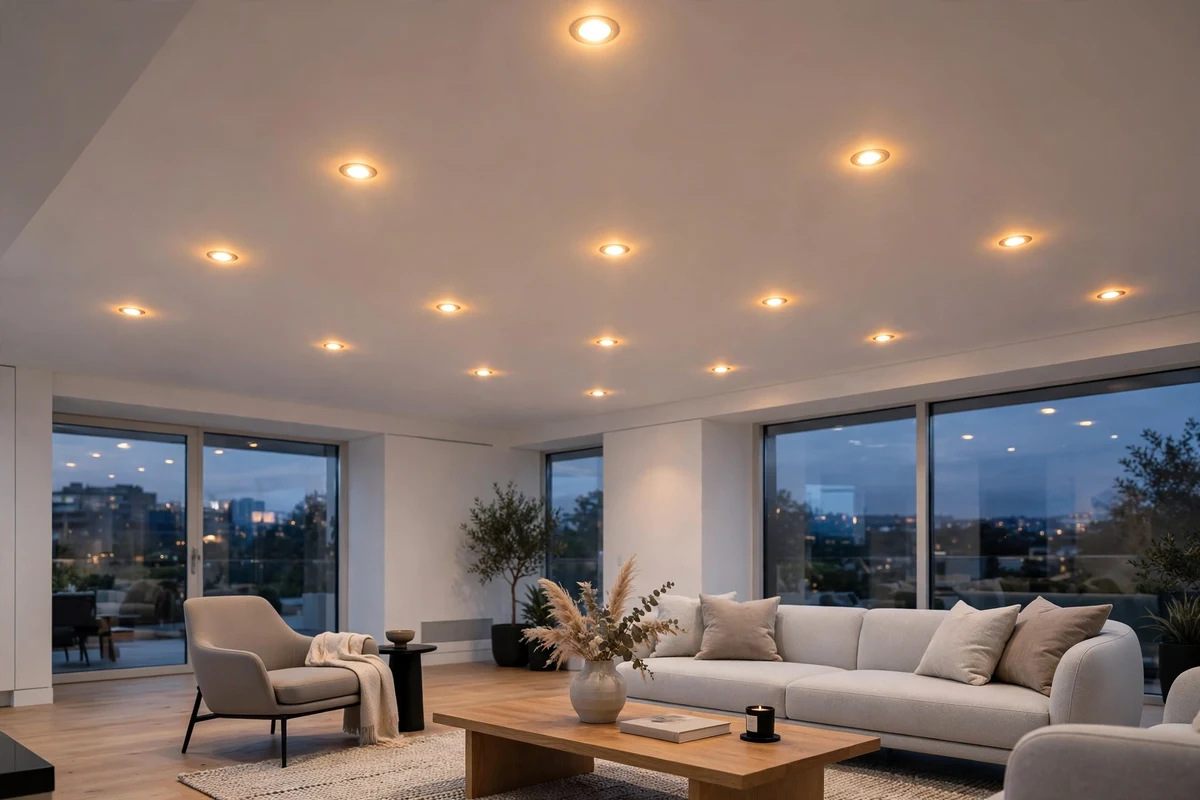 Modern living room ceiling with recessed LED downlights