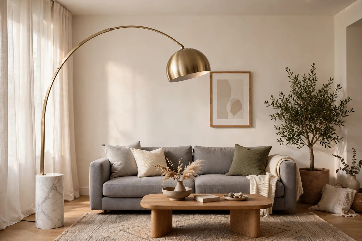 Sculptural arc floor lamp with marble base in modern living room