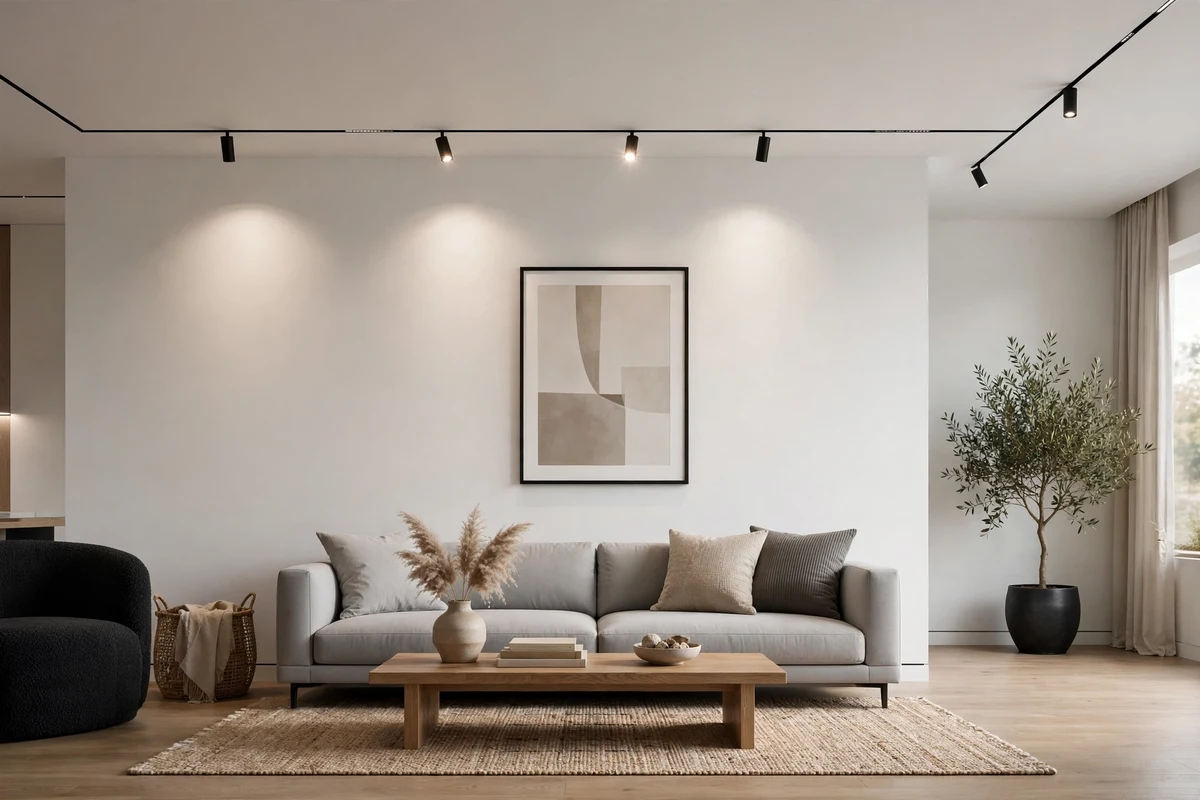 Slim modern track lighting highlighting art in living room