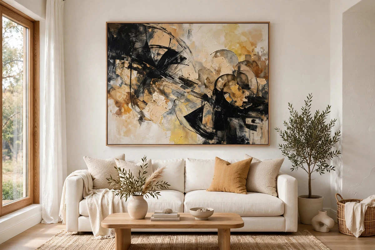 Oversized abstract art above modern sofa in living room