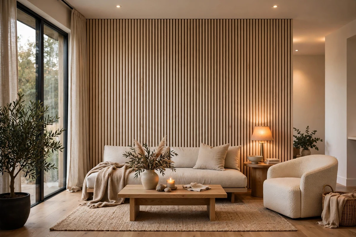 Vertical wood slat accent wall in modern living room