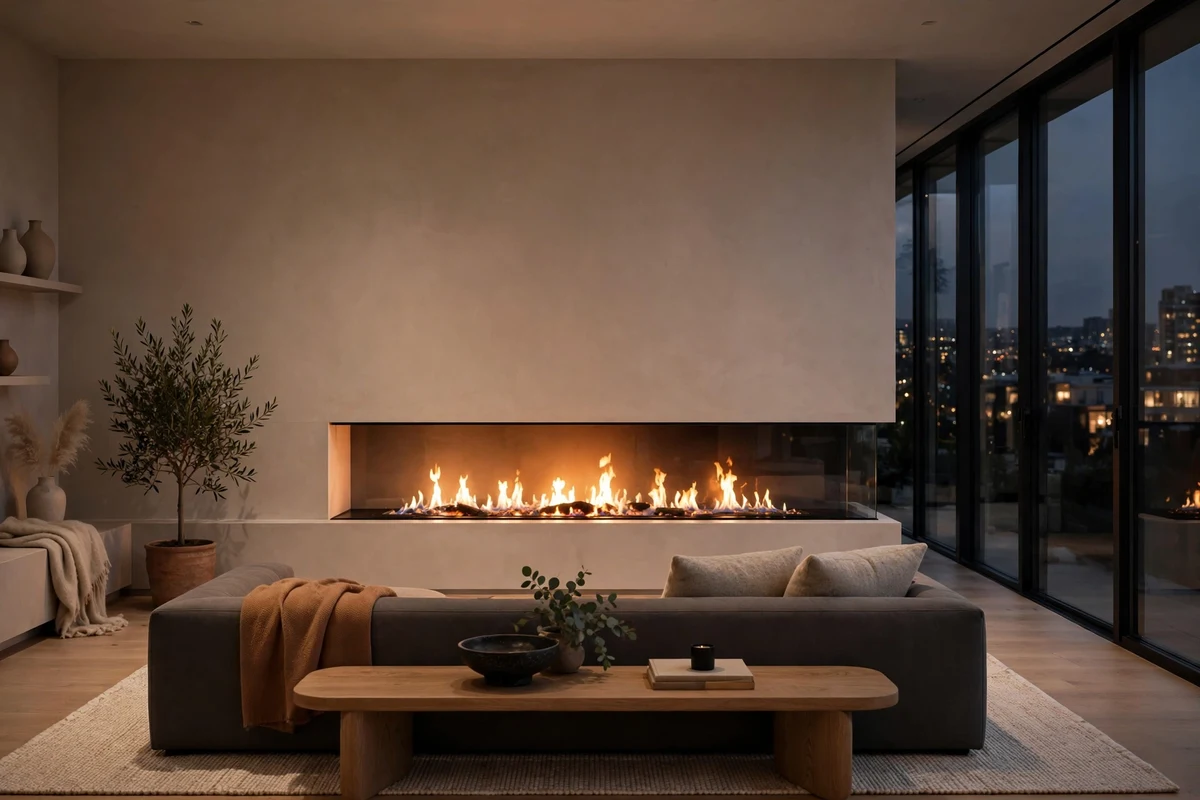 Linear modern fireplace in sleek living room wall