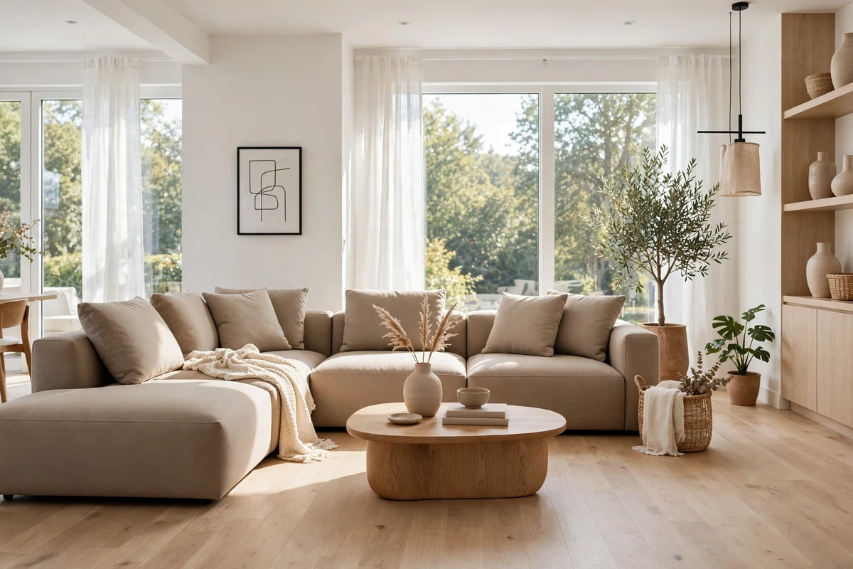 Low-profile modular sofa in modern neutral living room
