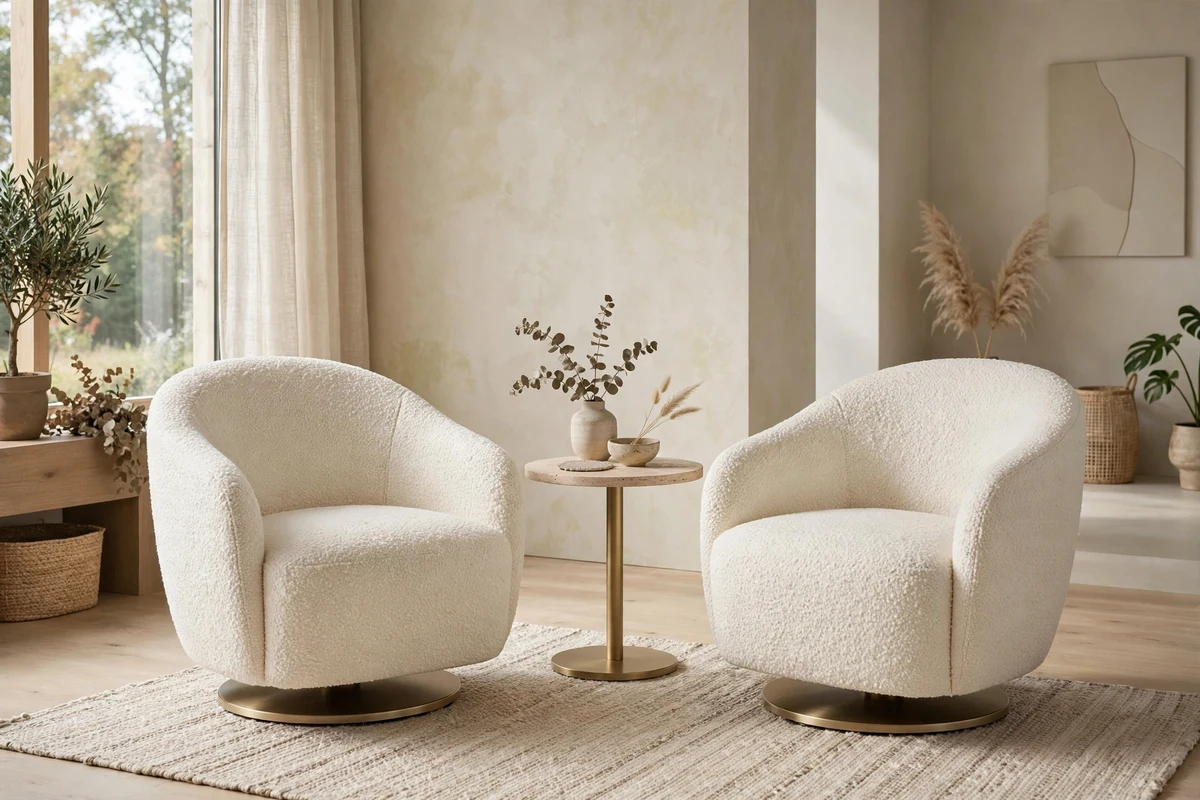 Pair of white boucle accent chairs in modern living room