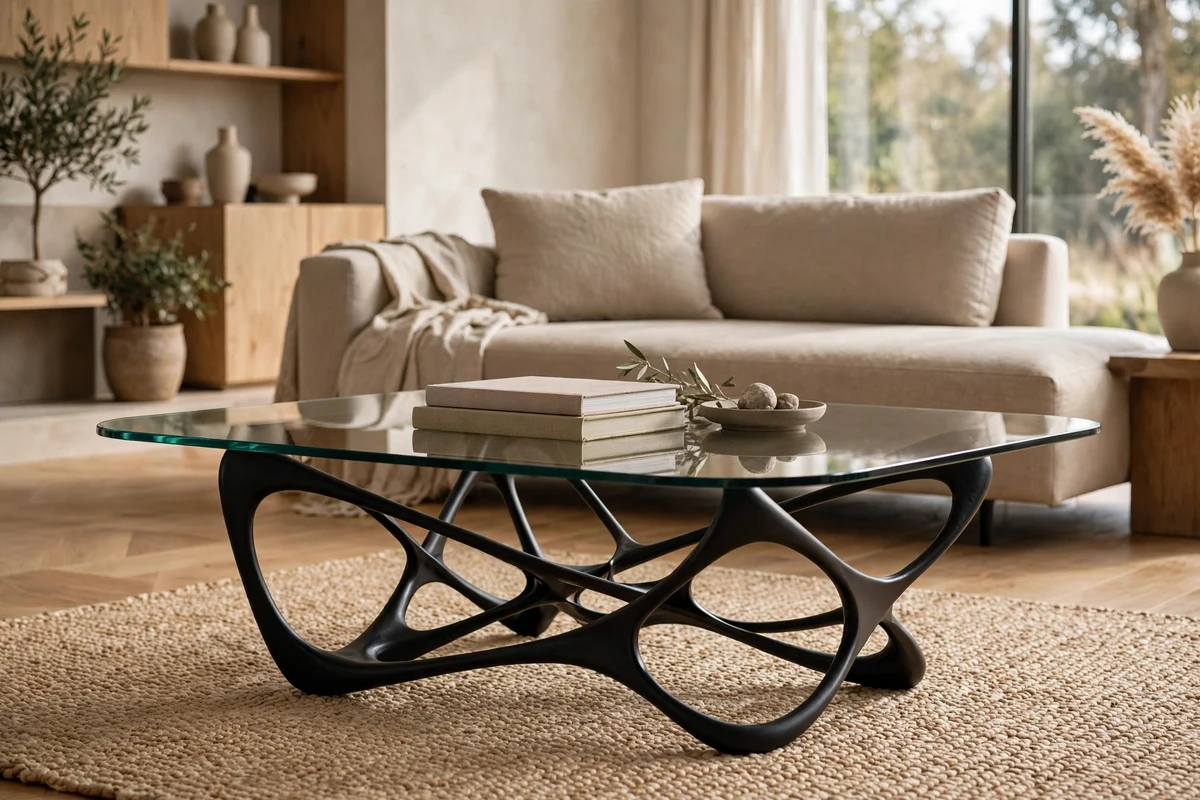 Glass-top coffee table with sculptural base in modern living room
