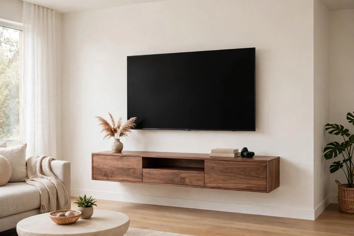 Floating walnut media console with mounted TV in modern living room