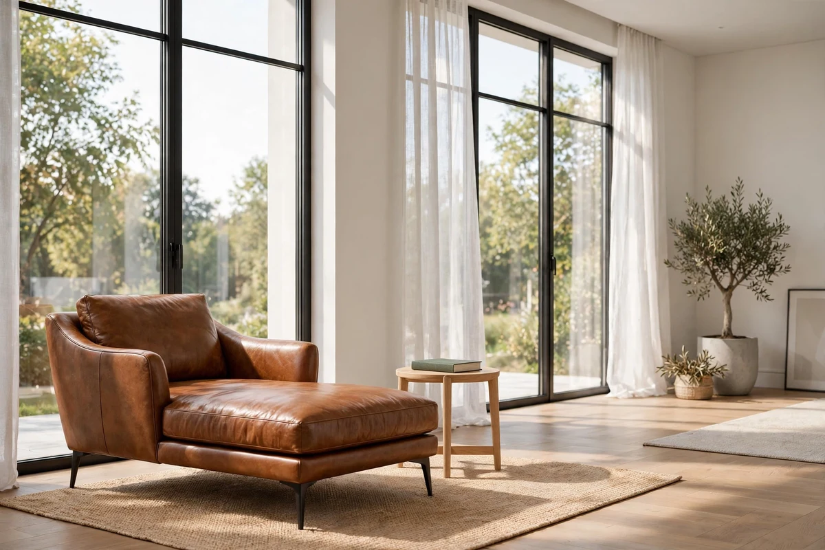Modern chaise lounge by window in sleek living room