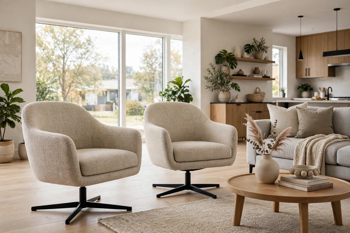 Swivel accent chairs in modern open-plan living room