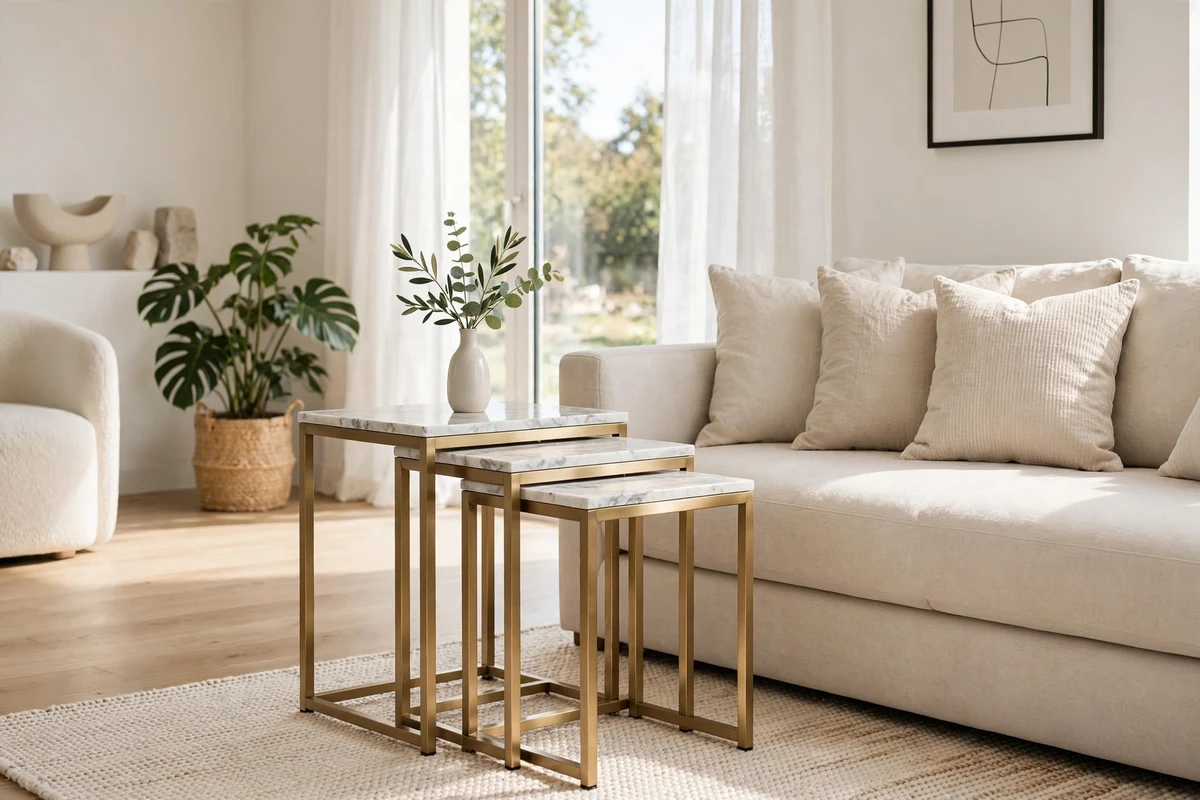 Nesting marble and brass side tables in modern living room